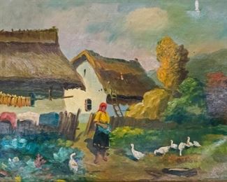 40	Kelossvary Continental Oil on Canvas	C. Kelossvary (Hungarian, 20th Century). Oil on canvas, a woman feeding geese in a village. Signed lower left "Kelossvary C." Small hole upper right corner with white paint. Some paint lose to thatched roof. Canvas is wavy. Some wear to frame. 19 1/4" x 27 1/2" (with frame 29 3/4" x 39").