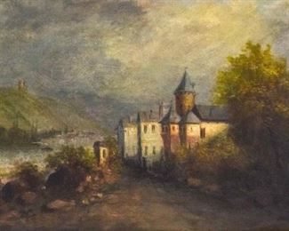 41	J. Koppenhofer Oil on Canvas Continental Village	J. Koppenhofer oil on canvas continental village scene. Signed lower right. 15" x 22" (overall 20" x 27 1/2"). Crazing throughout.