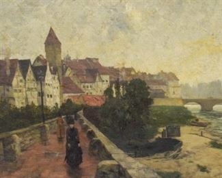 42	Oil on Canvas Continental Village Scene	Unsigned oil on canvas Continental village scene. 28 1/2" x 45 1/2". Paint loss along edges.