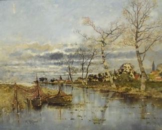 43	Karl Heffner Oil on Canvas Village With Boats	Karl Heffner (German, 1849-1925). Oil on canvas village with boats. Signed lower left K. Heffner. 27 1/4" x 37" (with frame 38" x 47 1/2"). Repairs along right side, 2"L vertical tear upper left, some paint loss along top edge, repairs to gilt frame.
