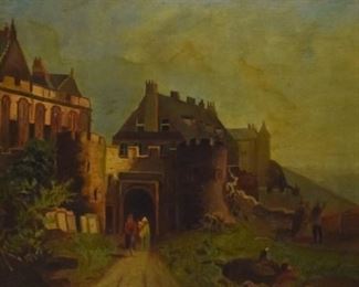 44	Oil on Canvas Village Landscape 1826	Oil painting of a village scene. Signed MEM and dated 1826 in the bottom right. Cracked paint in the top left. Scratched in the bottom right. Discoloration on the top half. Sight: 14 1/8" x 10 1/8". Framed: 17 1/2" x 13 1/2"