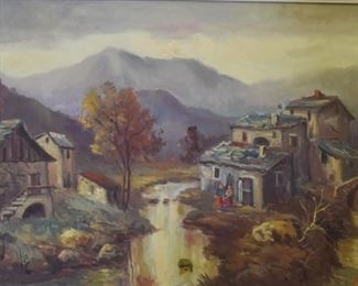 45	Oil On Canvas Painting Of A Village Signed Moret	Moret (20th Century). Oil on canvas of scenic village on river. Signed lower right "Moret '80". On verso stamped "Original Oil Painting Made in Italy" "Certificate Di Garanzia". Sight size 19" x 27". Overall size 28" x 36"