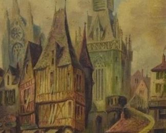 46	19th Century Oil on Canvas Village and Cathedral	Oil on canvas, French village landscape with cathedral in the background. 19th century. Illegibly signed in the bottom right. Sight: 15" x 12", Frame: 26 1/4" x 24 1/4"