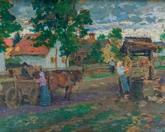 47	Signed Oil On Board Hungarian Village Scene	20th century oil on board Hungarian village scene. Signed illegibly lower right and dated 1929. 13 1/4" x 19" (with frame 18" x 23 1/2")