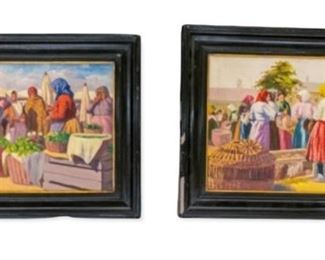 51	Pair Of Istvan Szasz Oil On Canvas Market Scenes	Istvan Szasz (Hungarian, 1878-1965). 2 oil on canvas village market scenes. Signed lower right and lower left. Crazing to sky on smaller, losses to frames. 16 1/2" x 20 1/2" and 17 1/2" x 21" (with frames 24 1/2" x 28" and 26" x 29")