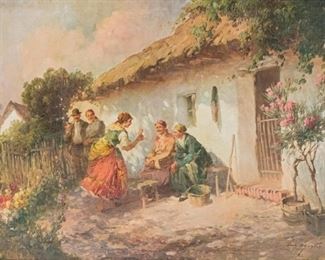 49	Agoston Acs Oil On Canvas Village Scene	Agoston Acs (Hungarian, 1889-1947). Oil on canvas village scene. Signed lower right. Several pinholes throughout, wear on canvas from stretcher, paint loss along edges from frame. 23 1/4" x 31 1/3" (with frame 29" x 36")