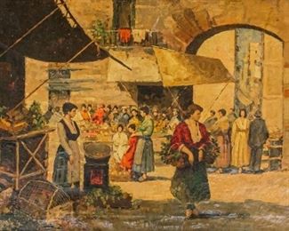 50	Oil On Canvas Hungarian Market Scene	20th century Hungarian oil on canvas village market scene. Unsigned. 2" tear upper center. 22 1/2" x 31 1/2" (with frame 29" x 38").