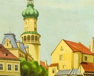 53	Hegedus Oil on Canvas Town Square	Hegedus (20th Century). Oil on canvas. Town square with people and a dog . Signed lower right "Hegedus 1964". Paint loss throughout frame. 48" x 34 1/2", with frame 53" x 39 1/2"