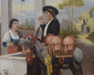 54	19th Century Oil on Canvas Lovers at the Well	Two young lovers at a well with mule. Signed "Le Gous" lower right. Crazing throughout from age. Minor chips on frame. Sight: 31" H x 26" W, Frame: 41" H x 31 1/2" W