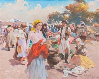 52	Witman Etelka Vizkeleti Oil on Canvas Market Scene	Witman Etelka Vizkeleti (Hungarian, 1882-1962). Oil on canvas market scene. Signed lower right Vizkeleti W.E. 23 1/2" x 29 1/2" (with frame 30" x 36").