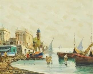 56	Antonio Devity Oil on Canvas Italian Harbor Scene	Antonio Devity (Italian, 1901-1993). Oil on canvas harbor scene. Signed lower right A. Devity, and signed on verso. 23 1/2" x 46 3/4" (with frame 32 1/2" x 56"). Repair lower right.