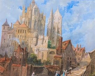 55	Watercolor on Paper City Scene	Continental watercolor on paper city scene. Unsigned. Unframed. Wear and losses; wear, losses and repairs to mat and backing. 15 1/2" x 23" (with mat 24" x 31")