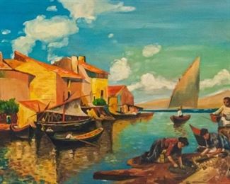 57	Jeszenszkyz Oil on Board Harbor Scene	Jeszenskyz (or Z. Jeszensky) (Hungarian, 20th century). Oil on board fishermen in harbor scene. Signed and dated 1912 VII.27, lower right. 12 1/2" x 18 1/4" (with frame 18" x 24").