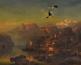 58	Henry Karl Jaeckel Oil Painting Harbor	Henry Karl Jaeckel (German, 1824-1876). Landscape of a harbor with a city in the foreground and mountains in background. Signed lower right. Philip Suval Gallery label attached to verso. Large hole in top of painting in the sky . Damage to frame. Sight: 27" x 37 1/2", framed: 41" x 51".