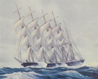 59	Hans Skalagard Clipper Ship Print	Hans Skalagard (Danish/American, 1924-2017). Print of a clipper ship. Signed in the plate lower right Hans Skalagard International Academy. 17 1/2" x 23 3/4" (with frame 19 3/4" x 25 3/4").