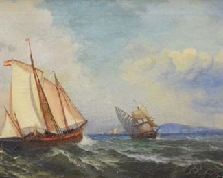 60	Julian Davidson Oil on Canvas Pantellaria Island	Julian Oilver Davidson (American, 1853-1893). Oil on canvas of sailing ships Pantellaria Island. Signed lower right J.O. Davidson and dated 1878 Fordham. Titled, dated and with additional info and artist's info, on verso: Pantellaria Island - Aegadean Group, Medd. Sea / J.O. Davidson, Studio Fordam NY 1878. 17" x 26 3/4" (with frame 23" x 32 3/4"). Crazing throughout.