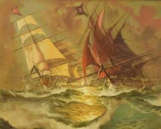 61	Renato Loganesi Oil on Canvas Naval Battle	Renato Loganesi (Italian 1931-) Oil painting on canvas. Sailing ships sea battle. Signed lower left. Signed on verso. Sight size 23 1/4" x 47". Overall size 32 1/4" x 55 1/2". Losses to gilt on frame.