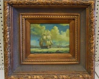 62	Signed H. Parker Oil on Board Clipper Ship	Oil on board of a clipper ship. Signed lower left H. Parker. 7" x 9" (overall with frame 18 1/4" x 20 1/4")