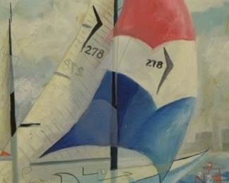 65	Ron Miklos Oil on Canvas Sailboat	Ron Miklos (American, 20th century). Oil on canvas of a sailboat Huff-N-Puff. Signed lower center and dated '76, and signed in pencil on verso. 23 1/2" x 17 1/2" (with frame 31" x 25"). Small hole above signature.