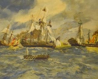 63	T. Daniels Oil on Tin Battle With Pirate Ships	Signed T. Daniels oil on tin Battle With Pirate Ships. Signed lower right and inscribed on verso "A battle with pirate ships after both had suffered in a severe storm." 7 1/2" x 9 1/2" (with frame 14" x 16")