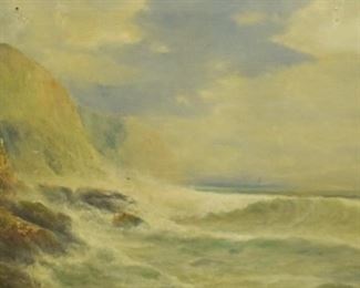 70	Henry Duessel Oil on Canvas Seascape	Henry A. Duessel (American, 1858-1919). Oil on canvas seascape. Signed lower left H.A. Duessel. 21 1/2" x 35 1/2" (with frame 31 3/4" x 45 1/4"). Repairs, tear in center, 3 vertical tears along top, losses to frame