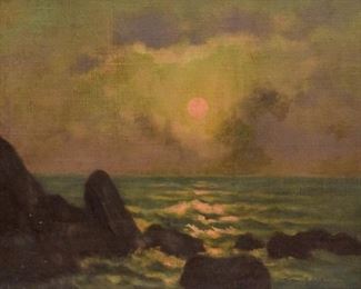 69	Signed Oil on Canvas Nighttime Seascape	Oil on canvas nighttime seascape. Signed illegibly lower right. 15" x 18 1/2" (overall with frame 20" x 24"). Losses to gilt frame