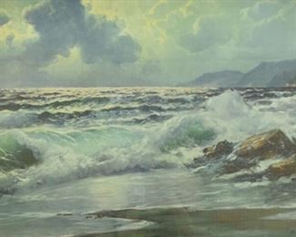 71	Alexander Dzigurski Oil on Canvas Seascape	Alexander Dzigurski (Yugoslavian/American, 1911-1995). Oil on canvas seascape crashing waves. Signed lower right A. Dzigurski. 23 1/2" x 35 1/2" (with frame 31 1/4" x 43 1/4")