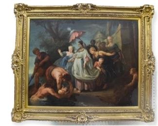 72	Old Masters Style Oil on Canvas Finding of Moses	Unsigned. Old masters style oil on canvas finding Moses. 27 1/2" x 35" (overall 37" x 44"). Crazing throughout, paint loss near top