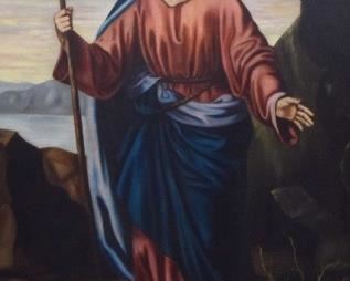 73	A. Oesterle Oil on Canvas Religious Scene	A. Oesterle (19th/20th century). Oil on canvas religious scene Jesus with lamb. Signed lower right A. Oesterle and dated 1892. Coated and restored, with info on verso from The Bonfoey Company. 47 1/4" x 31 1/4" (with frame 58" x 41"). Losses to gilt frame