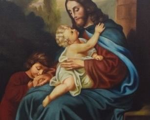 74	A. Oesterle Oil on Canvas Religious Scene	A. Oesterle (19th/20th century). Oil on canvas religious scene Jesus with children. Signed lower right A. Oesterle and dated 1892. Coated and restored, with info on verso from The Bonfoey Company. 47 1/4" x 31 1/4" (with frame 58" x 41"). Losses to gilt frame