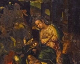 75	16th Century Italian Nativity Scene	Oil on tin Infant Jesus in the manger with Mary, animals, angels. Significant losses to the left hand side and top. Smaller losses on the right hand side. J.Villanova antiques label on verso with matching label stating the time period and area. Frame: 14 3/4" H x 12 1/2" W, Sight: 9" H x 7" W