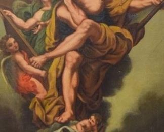 77	Old Master Style Oil on Canvas on Board	Continental 18/19th Century oil painting on canvas laid down on board. Cherubs and a man in thought. Appears unsigned. Sight size 33" x 23". Overall size 43" x 33". Small loses to painting. Large repair lower left.