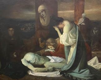 76	Jules Gustave Besson Oil on Canvas Religious Scene	Jules Gustave Besson (French, 1868-1942). Oil on canvas religious scene burial of Jesus. Signed lower right JG Besson. With Ch. Dosbourg, Paris label on verso. 44 1/2" x 56 1/2" (with frame 56" x 68"). Restorations, relined, paint loss along edges, losses and cracks to gilt frame.