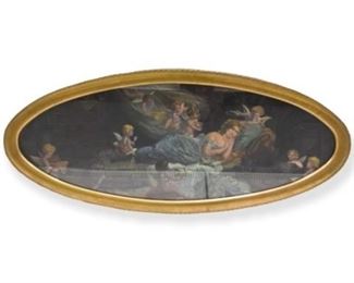 79	19th Century Oil Painting of Cherubs With Woman	Continental 19th Century oil painting on board. Cherubs leaving gifts for sleeping woman. Signed "W. Pfannmüller". Sight size 19" x 46". Overall size 23 1/2" x 51". Small loses to painting throughout.