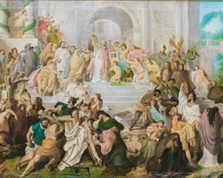 78	After Old Masters Oil on Canvas	19th Century oil on canvas. Christians being persecuted by the Romans. Scenes of Crucifixion on the bottom half of the canvas, Romans in portrayals of hedonism with chalices and grapes. Loss in the middle right of the painting. Sight: 42 1/2" H x 67" W, Frame: 48" H x 78" W