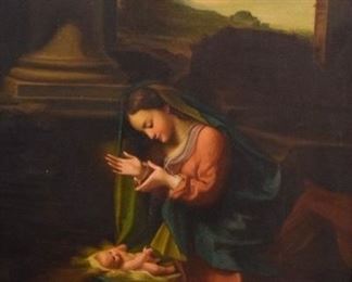 81	Socrate Butazzi Oil on Canvas After Correggio	Socrate Butazzi (Italian, 19th/20th century). Oil on canvas after Antonio da Correggio. La vergine adora il bambino. Unsigned. With info and titled and dated MCMXXII (1922) on verso. 25 1/2" x 31 1/2" (with frame 38" x 32"). Repair lower center, minor wear and marks from stretcher, wear to frame.