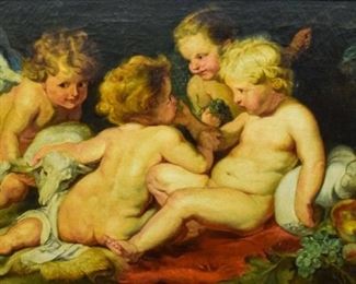 84	After Reubens 19th Century Oil on Canvas Agnus Dei	Oil on canvas of 4 cherubs with a lamb, after Peter Paul Reubens' Agnus Dei. 19th century. Initialed on the stretcher. Relined, crazing throughout, losses to gilt frame. 39" x 47" (with frame 42" x 60").