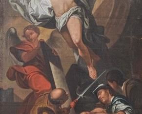 86	Oil on Canvas Resurrection of Jesus	Old Masters style painting the resurrection of Jesus. Unsigned. Paint loss and water damage along left side, 2 horizontal creases, some paint loss and crazing, wear from stretcher. 100 1/2" x 63 1/2" (with frame 113" x 75 1/2")