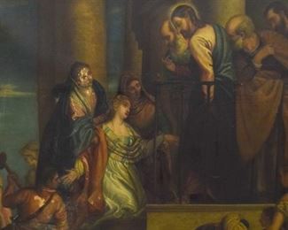 90	Old Masters Style Oil on Canvas Religious Scene	Oil on canvas religious scene, unsigned. Paint loss throughout, hole upper left, wear from stretcher, loose in frame, losses to frame. 39" x 52" (with frame 50" x 63")