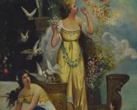 92	Oil on Canvas Women in the Garden with Cherubs	19th century oil on canvas depicting two women in the garden being adorned with flowers by cherubs. Signed "M. Gana" in the lower right. Slight cracking throughout . Frame cracked on top. Sight: 28"x 18", Frame 36"x26"