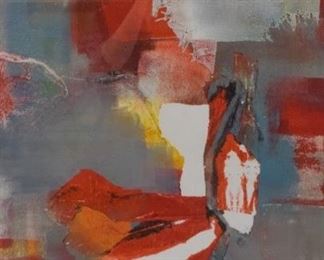 93	Laszlo Dus Abstract Monotype	Laszlo Dus (Hungarian, 1941). Abstract monotype in red. Signed in pencil lower right. 26" x 21 1/2" (overall with frame 34 1/4" x 30 1/2"). Staining on mat, damage to corner of frame