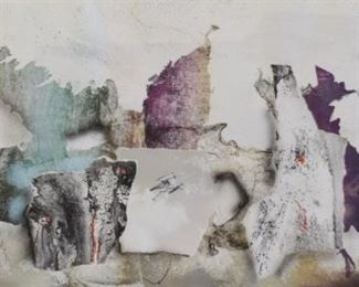 94	Laszlo Dus Mixed Media on Paper Abstract	Laszlo Dus (Hungarian, 1941). Abstract mixed media on paper, titled Peasant Boy's Dream. Signed lower right. 17" x 38" (overall with frame 27" x 48").