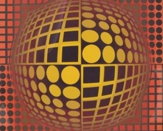 98	Victor Vasarely Serigraph Untitled	Victor Vasarely (Hungarian/French, 1906-1997). Serigraph Untitled, pencil signed in lower margin. Image size without margins 13 1/4" x 13 1/4" (overall with frame 26 3/4" x 25 1/4"). Waviness to paper, staining to mat along bottom edge.