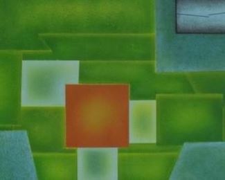 103	Gunther Gerzso Oil on Masonite	Gunther Gerzso (Mexican, 1915-2000). Oil on Masonite modern abstract. Signed and dated lower right Gerzso 80. 14" x 30 1/2" (overall 18" x 35").