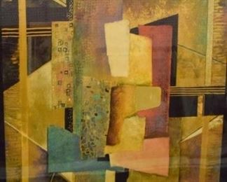 104	James Turco Mixed Media Abstract Mounted on Wood	James Turco (American, 1960). Mixed media abstract, with lacquered finish, mounted on wood. Signed lower right. Image 51" x 38", overall 57" x 44"