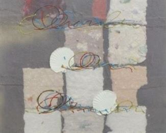 105	Vanguard Studios Mixed Media Collage on Paper	Modern mixed media collage on paper, with geometric shapes and shell cut-outs. Signed illegibly lower right, with Vanguard Studios label on verso. 27 3/4" x 22'" (with frame 39 3/4" x 33 1/2")