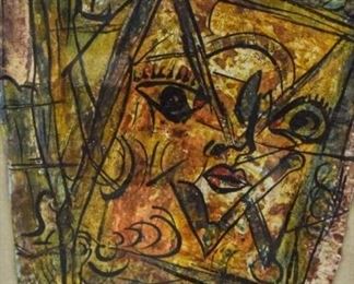 106	Alexander Gore Modernist Oil Painting Of A Lady	Alexander Gore (Russia 1958-). Oil on paper modernist portrait of a lady. Signed across bottom. Alexander Gore Art label on verso. Sight size 17 1/2" x 14 1/2" . Overall size 23" x 19 1/2"