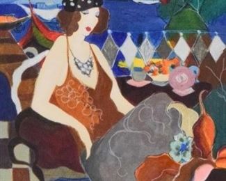 109	Itzchak Tarkay Lithograph	Itzchak Tarkay (Israeli, 1935-2012). Lithograph of a woman by the sea, pencil signed and numbered 116/350 in the lower margin. Image size not including margins 18 1/2" x 15 1/2" (overall with frame 30 1/4" x 27").