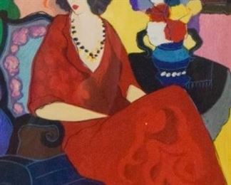 111	Itzchak Tarkay Lithograph Seated Woman	Itzchak Tarkay (Israeli, 1935-2012). Lithograph Seated Woman With Flowers. Pencil signed and numbered 194/350 in the lower margin. 15 1/2" x 11" (overall with frame 29 1/2" x 25 1/2")