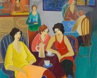 112	Itzchak Tarkay Lithograph Friends to Confide In	Itzchak Tarkay (Israeli, 1935-2012). Lithograph Friends to Confide In. Pencil signed and numbered 430/450 in the lower margin. 15" x 11" (overall with frame 24 1/2" x 20").